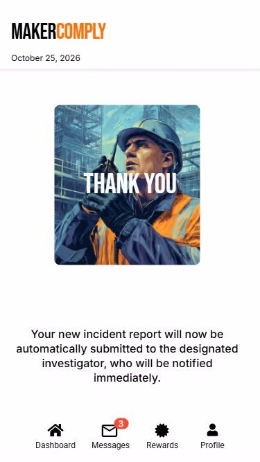 Industrial worker in safety helmet and orange vest holding a radio, with 'THANK YOU' text overlaid.