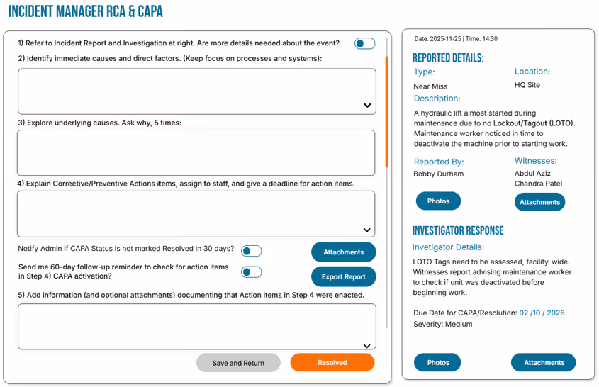 Incident Manager RCA & CAPA form with sections for causes, corrective actions, and follow-up toggles on the left; reported details and investigator response with buttons for photos and attachments on the right.