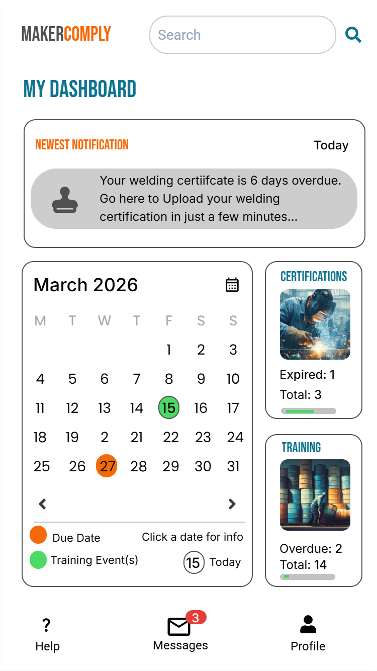 Worker dashboard showing overdue welding certificate notification, March 2026 calendar with marked training and due dates, certification and training status, and navigation icons for help, messages with 3 alerts, and profile.