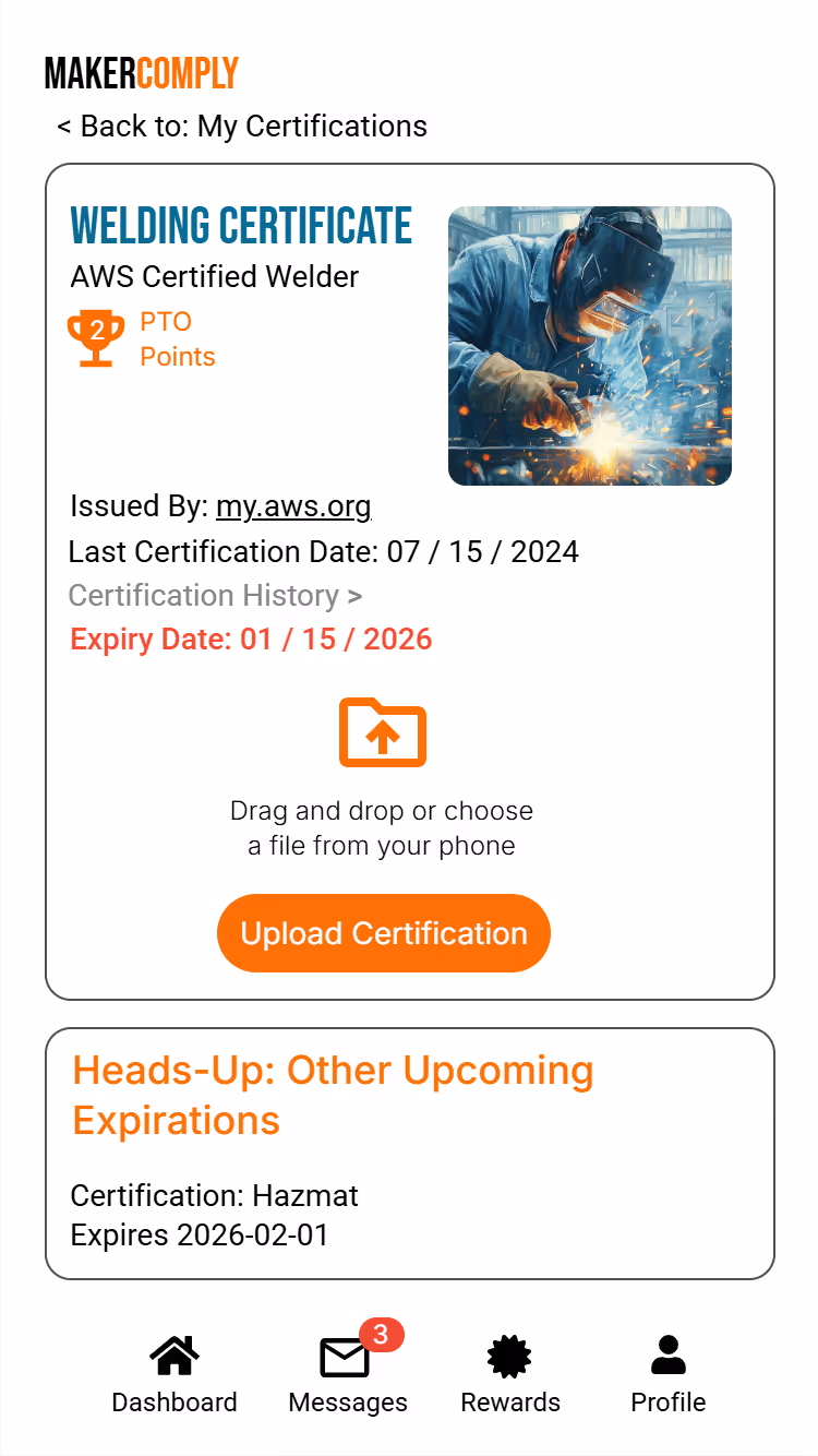 Welding certificate for AWS Certified Welder with PTO points, issue and expiry dates, upload option, and alert for upcoming Hazmat certification expiration.