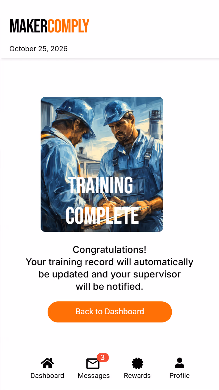 Two construction workers in blue uniforms and helmets reviewing documents with text 'Training Complete'.