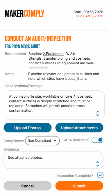 Mobile audit form for FDA 2026 mock audit showing non-compliant observation about scratched worktable surface at Johnsonville site requiring replacement.