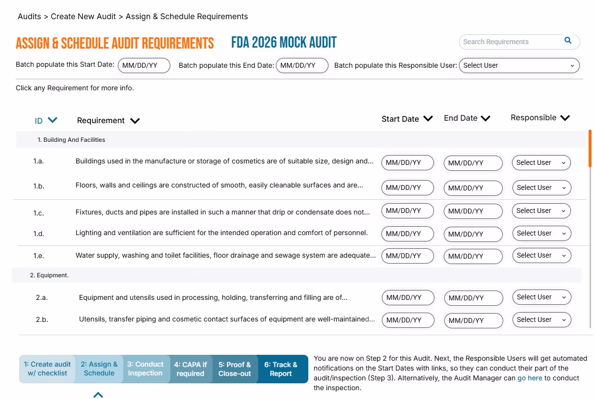 Audit management interface showing 'Assign & Schedule Audit Requirements' for FDA 2026 Mock Audit with tables to input start/end dates and assign responsible users.