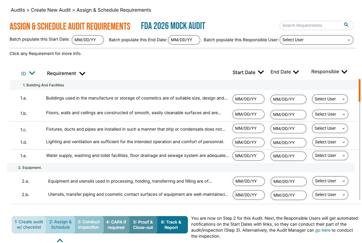 Audit management interface showing 'Assign & Schedule Audit Requirements' for FDA 2026 Mock Audit with tables to input start/end dates and assign responsible users.
