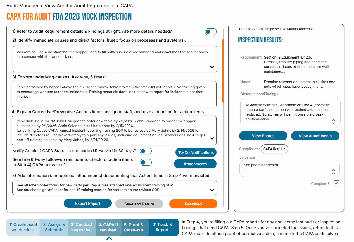 Screenshot of a CAPA for Audit FDA 2026 Mock Inspection interface showing steps to identify causes, assign corrective actions, inspection results, and options to export report or mark as resolved.