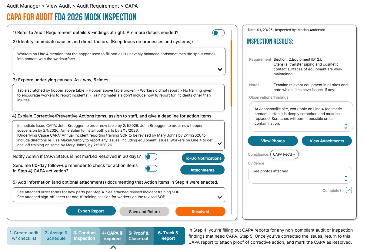 Screenshot of a CAPA for Audit FDA 2026 Mock Inspection interface showing steps to identify causes, assign corrective actions, inspection results, and options to export report or mark as resolved.