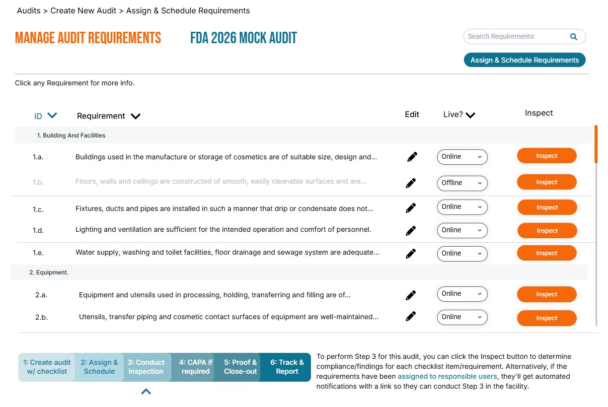 Web interface for managing audit requirements with sections for Building and Facilities and Equipment, showing requirement IDs, descriptions partially truncated, edit icons, live status dropdowns, and orange Inspect buttons.