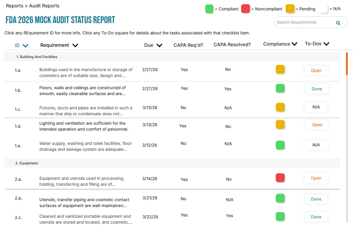 FDA 2026 Mock Audit Status Report showing audit items for Building and Facilities and Equipment with due dates, CAPA status, compliance color codes, and to-do actions like Open or Done.