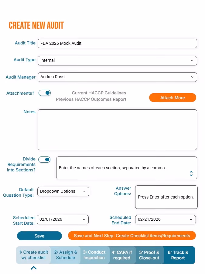 Create New Audit form showing fields for audit title, type, manager, attachments toggle, notes, sections input, default question type, answer options, scheduled start and end dates, and buttons to save or proceed.