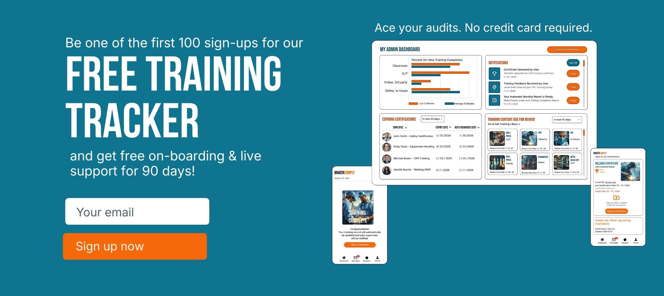 Advertisement offering free training tracker sign-ups with email input and sign-up button, alongside a dashboard and mobile app screenshots showing audit completion and certification tracking.