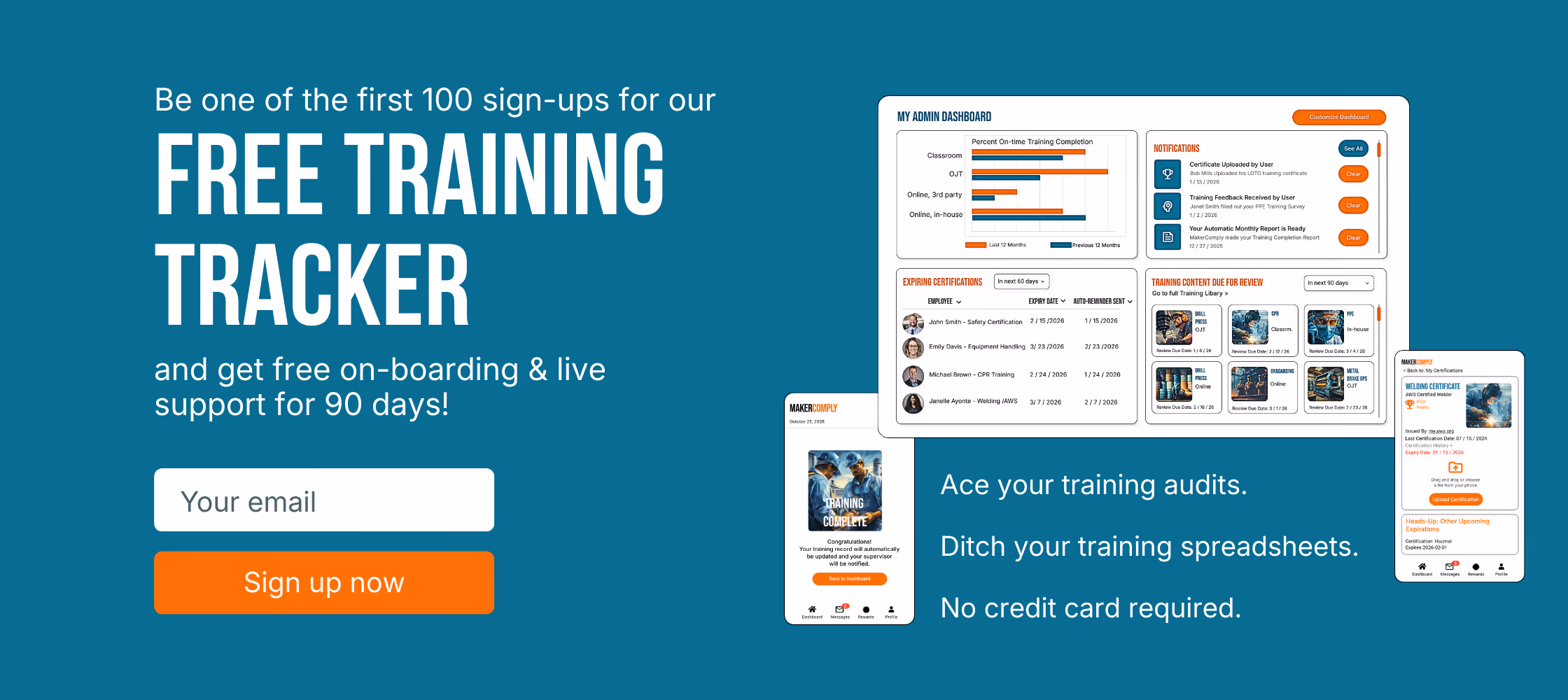 Promotional graphic offering free training tracker with onboarding and live support for 90 days, featuring dashboard and mobile app screenshots, email sign-up field, and call-to-action button.