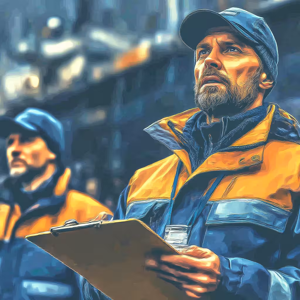Two male workers in orange and blue jackets, one holding clipboard, in industrial setting.