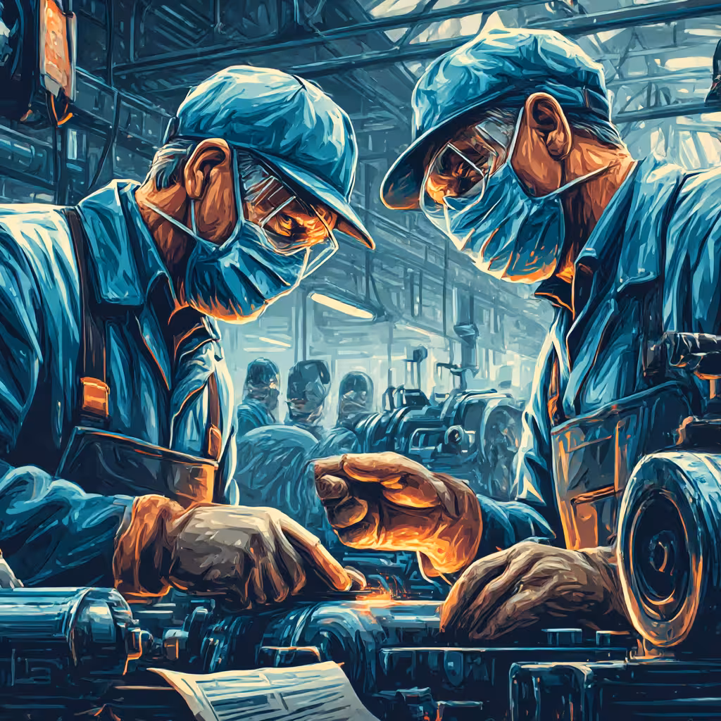Two factory workers wearing masks and blue uniforms closely inspecting a machine part inside an industrial workshop.