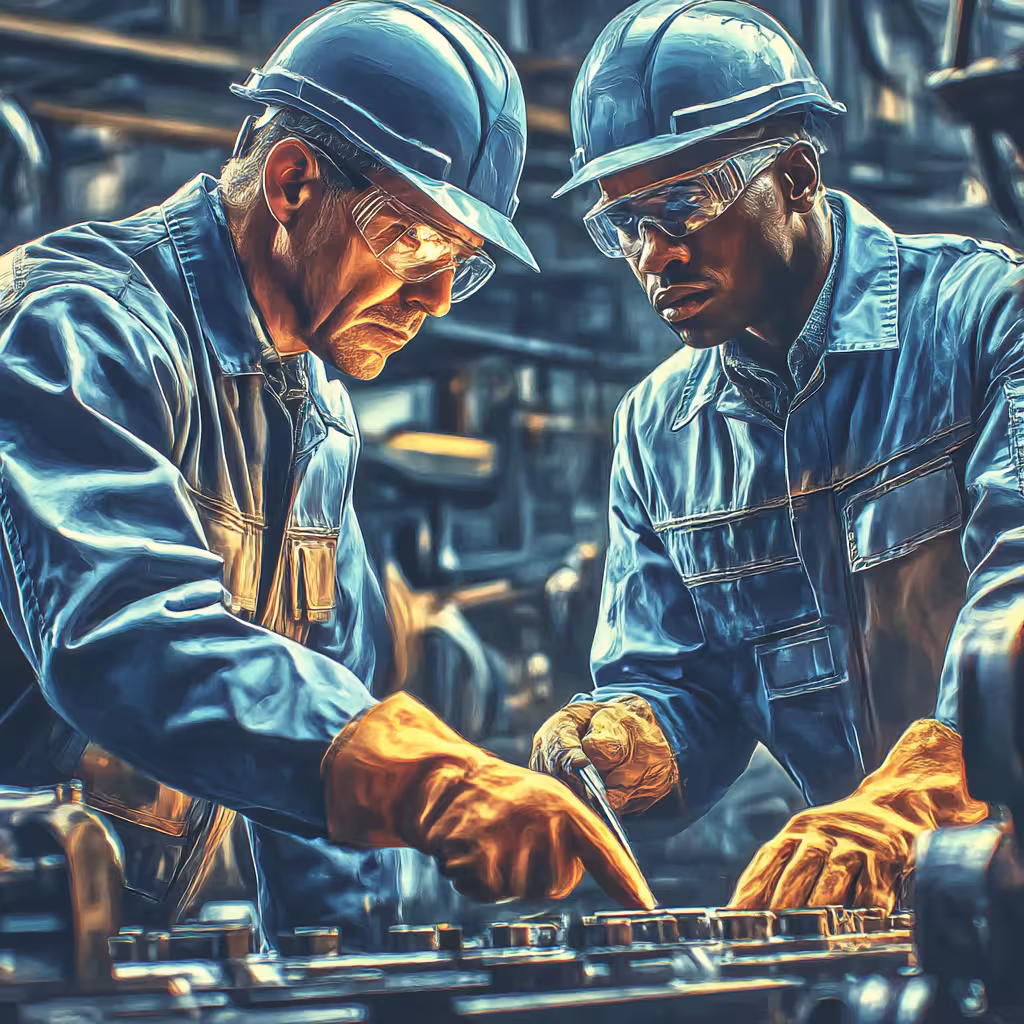 Two factory workers wearing blue uniforms, caps, and safety glasses reviewing a smartphone while standing at a workbench with machinery.