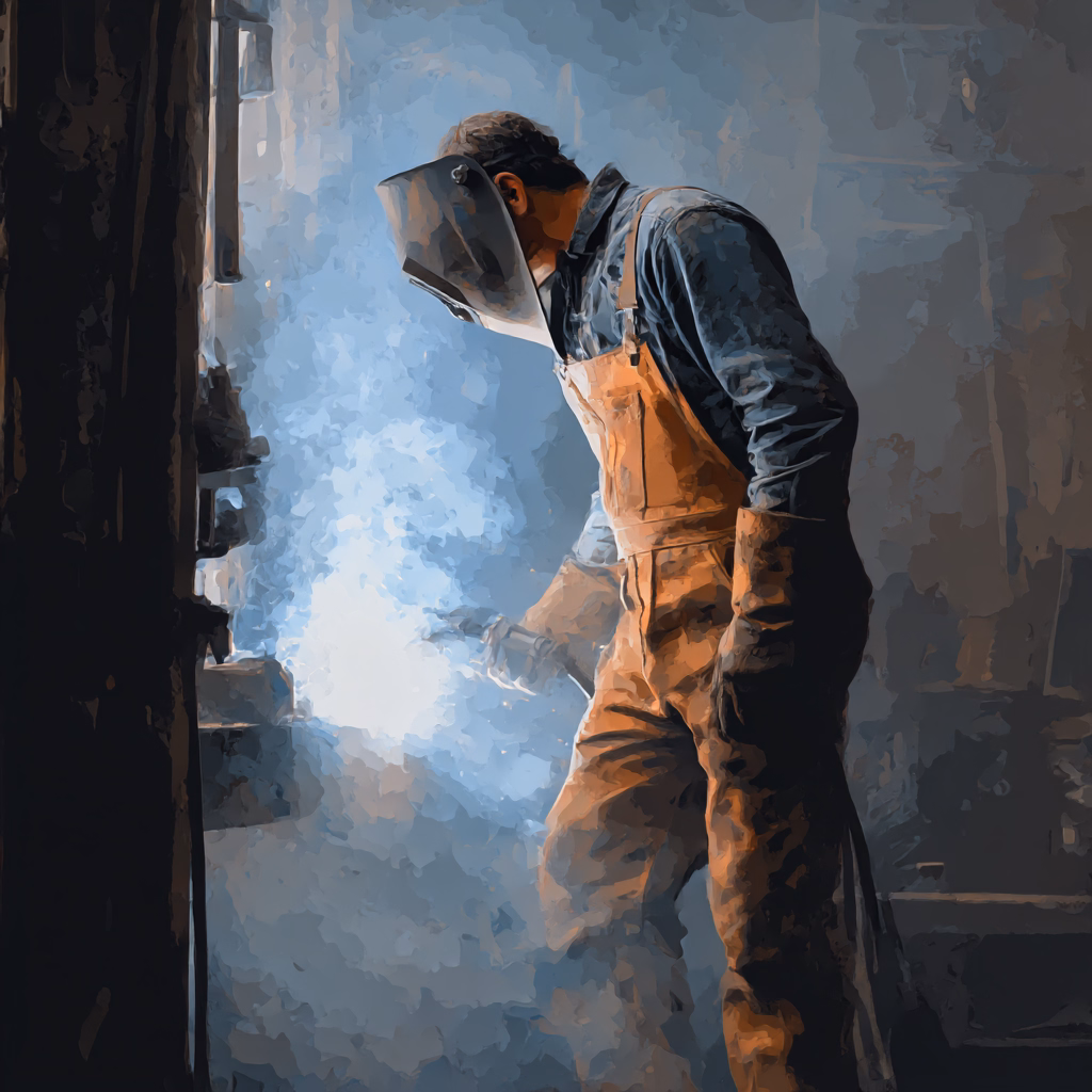 Two factory workers wearing blue uniforms, caps, and safety glasses reviewing a smartphone while standing at a workbench with machinery.