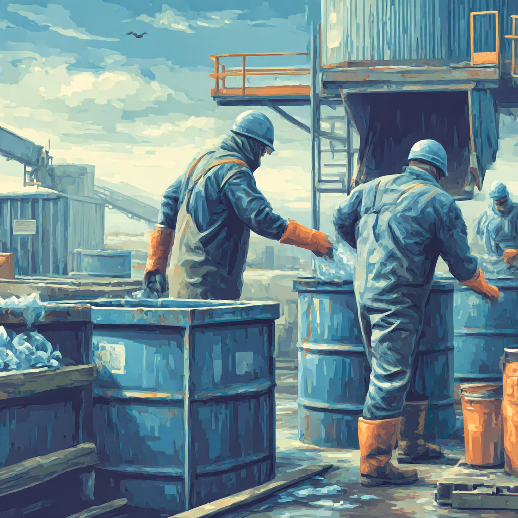 Two factory workers wearing blue uniforms, caps, and safety glasses reviewing a smartphone while standing at a workbench with machinery.