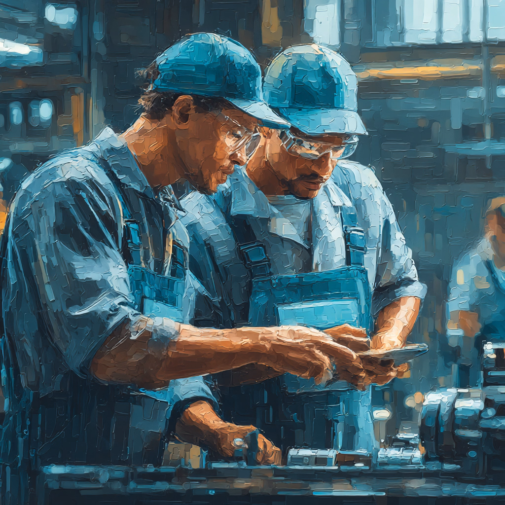 Two factory workers in blue overalls and caps examine a device together in an industrial setting.