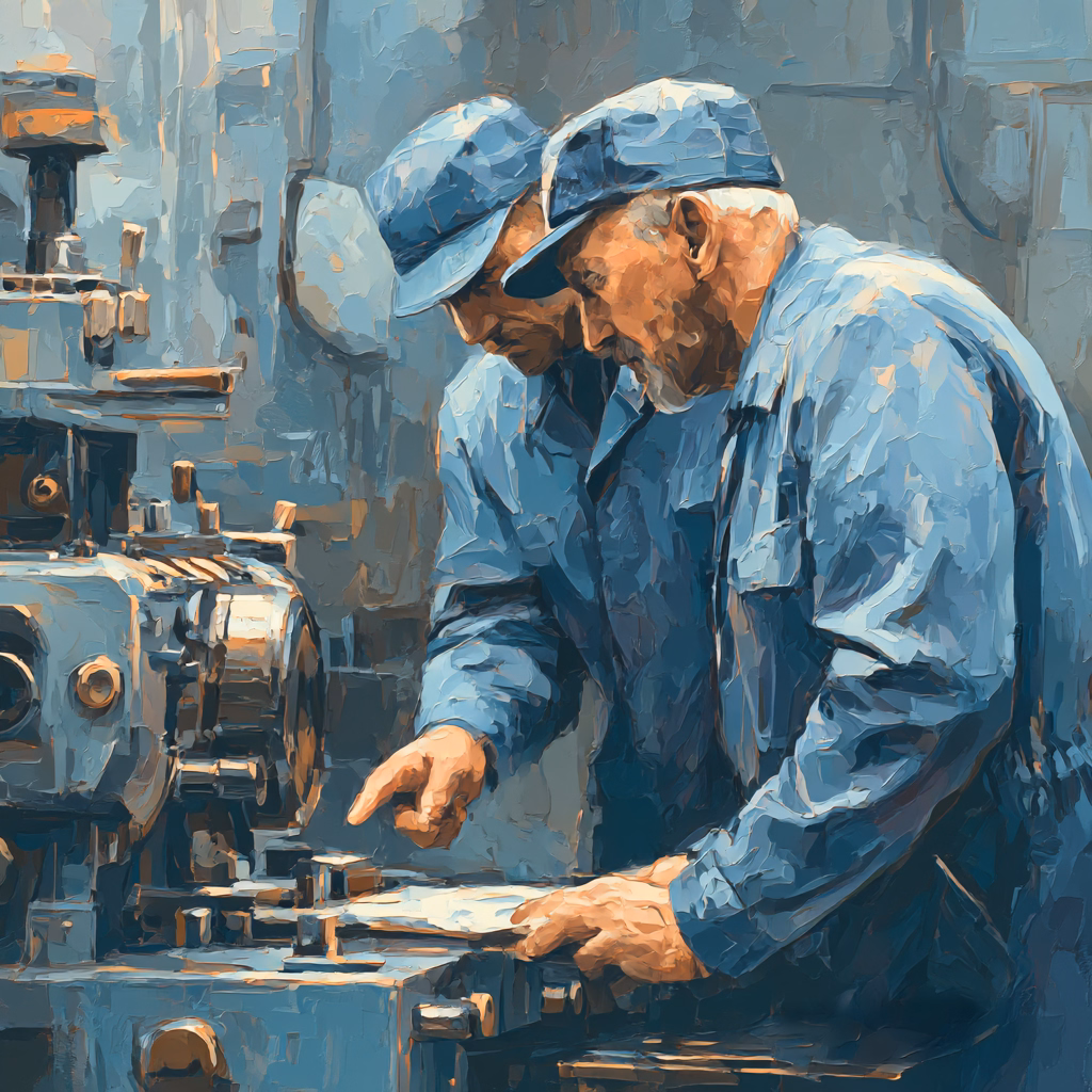 Two factory workers wearing blue uniforms, caps, and safety glasses reviewing a smartphone while standing at a workbench with machinery.