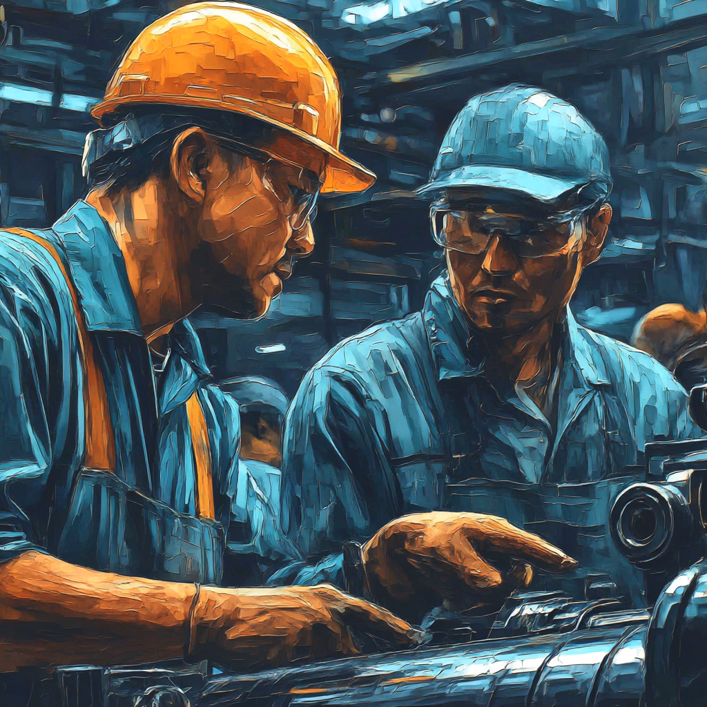 Two factory workers wearing safety helmets and glasses reviewing machinery details.