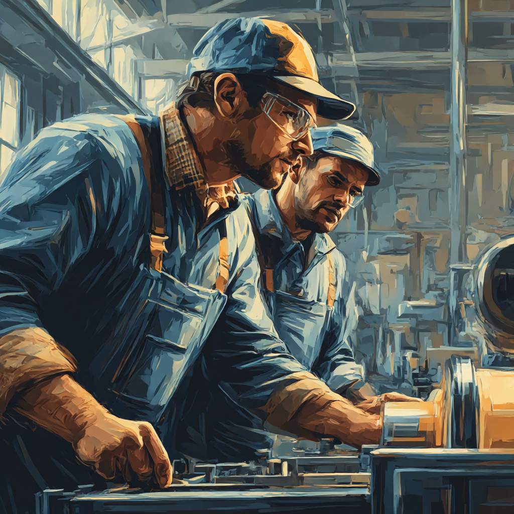 Two factory workers wearing blue uniforms, caps, and safety glasses reviewing a smartphone while standing at a workbench with machinery.