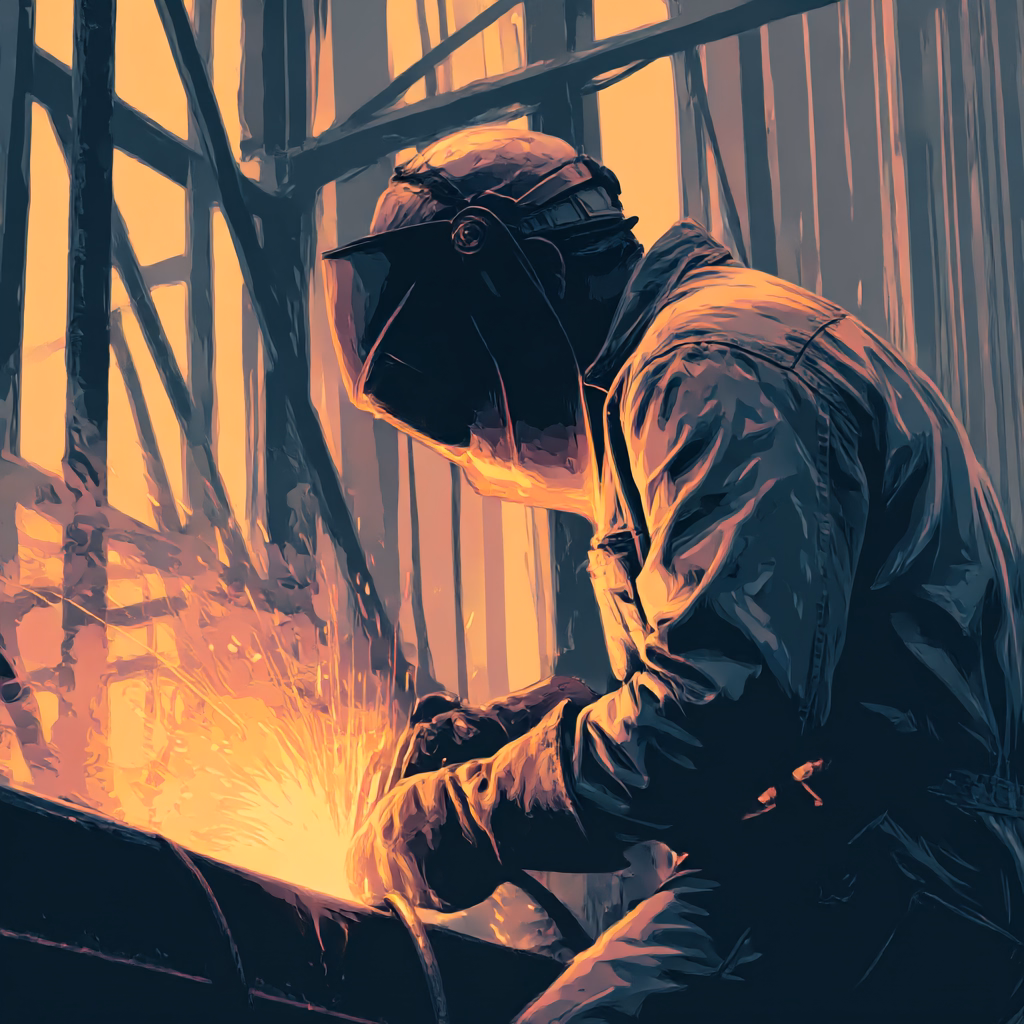 Two factory workers wearing blue uniforms, caps, and safety glasses reviewing a smartphone while standing at a workbench with machinery.