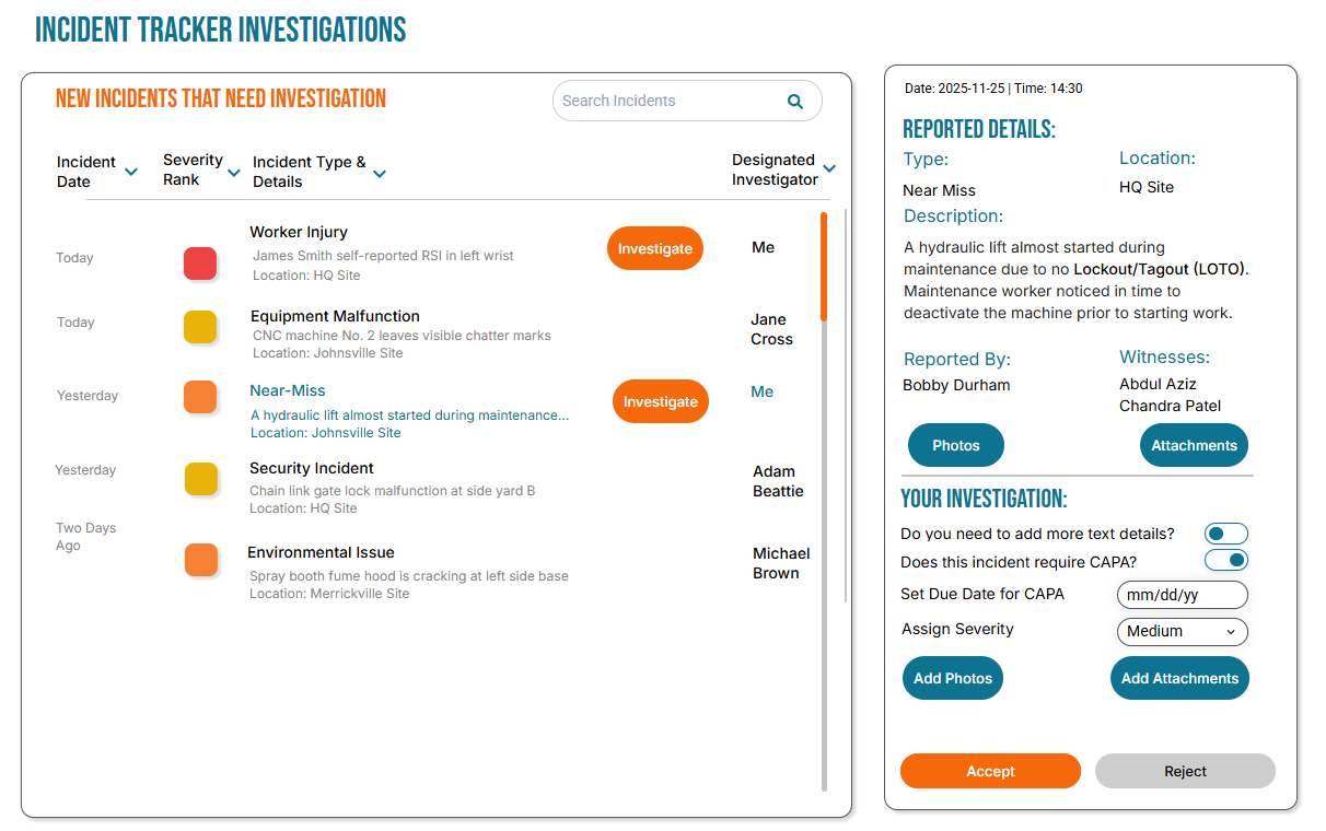Incident Manager Investigations dashboard displaying a list of new incidents needing investigation with details like incident date, severity rank, type, and designated investigator, alongside a panel showing reported details, witness names, investigation options, and controls to add photos or attachments.