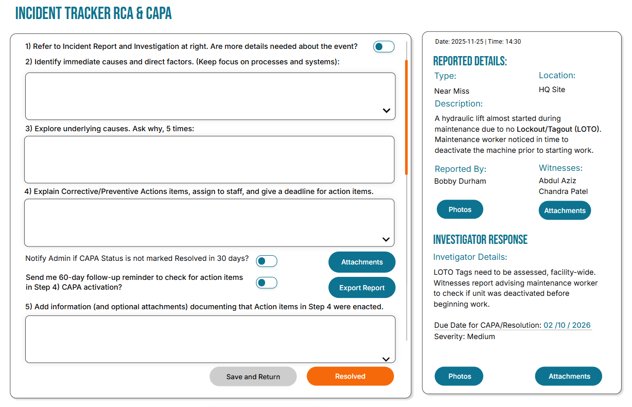 Incident Manager RCA & CAPA form with sections for causes, corrective actions, and follow-up toggles on the left; reported details and investigator response with buttons for photos and attachments on the right.