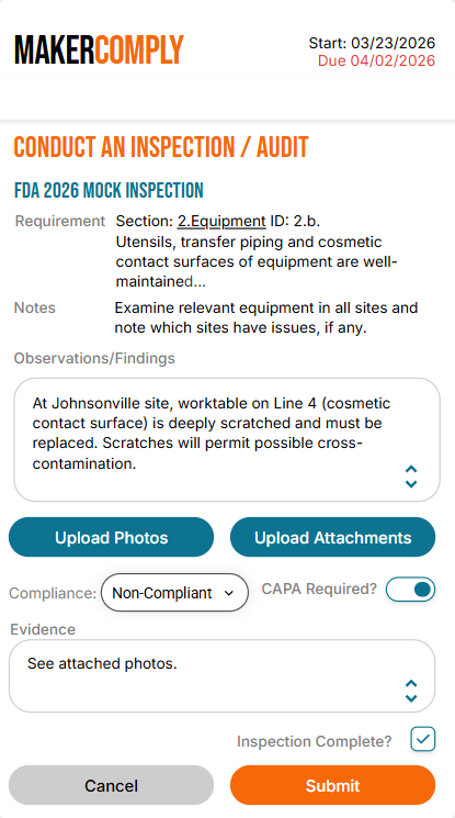 Mobile audit form for FDA 2026 mock audit showing non-compliant observation about scratched worktable surface at Johnsonville site requiring replacement.