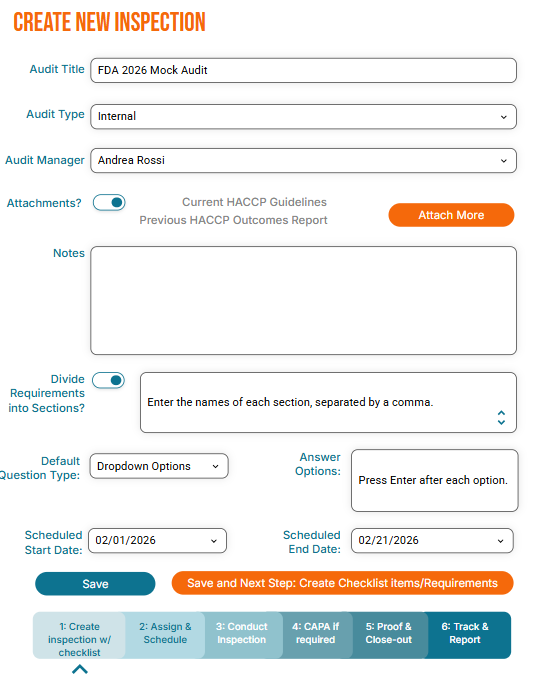 Create New Audit form showing fields for audit title, type, manager, attachments toggle, notes, sections input, default question type, answer options, scheduled start and end dates, and buttons to save or proceed.