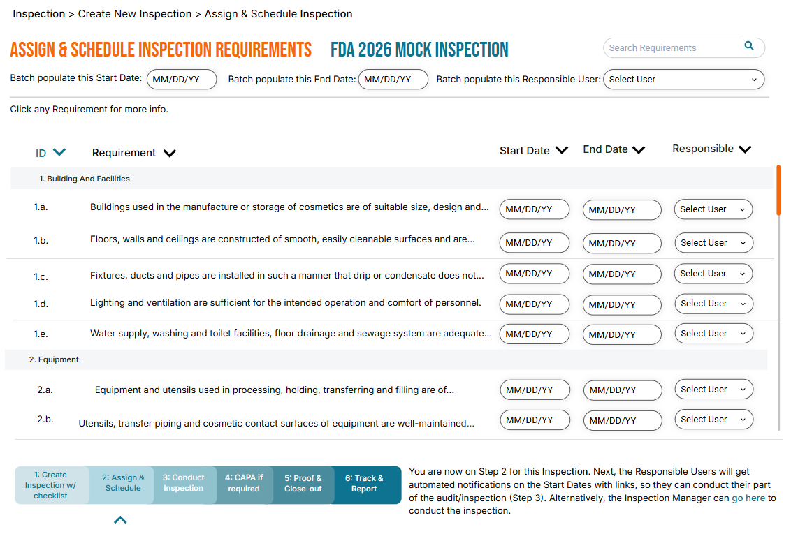 Audit management interface showing 'Assign & Schedule Audit Requirements' for FDA 2026 Mock Audit with tables to input start/end dates and assign responsible users.