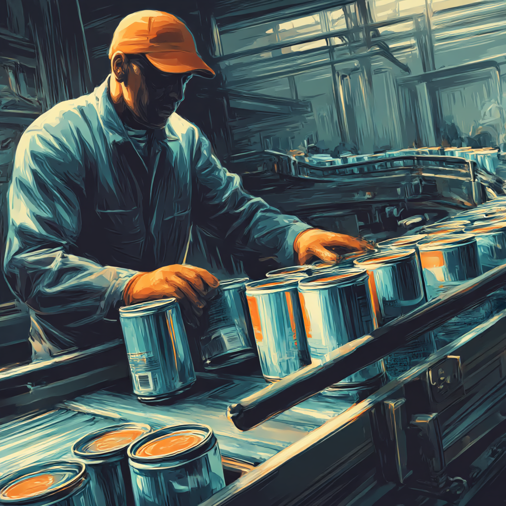 Two factory workers wearing blue uniforms, caps, and safety glasses reviewing a smartphone while standing at a workbench with machinery.