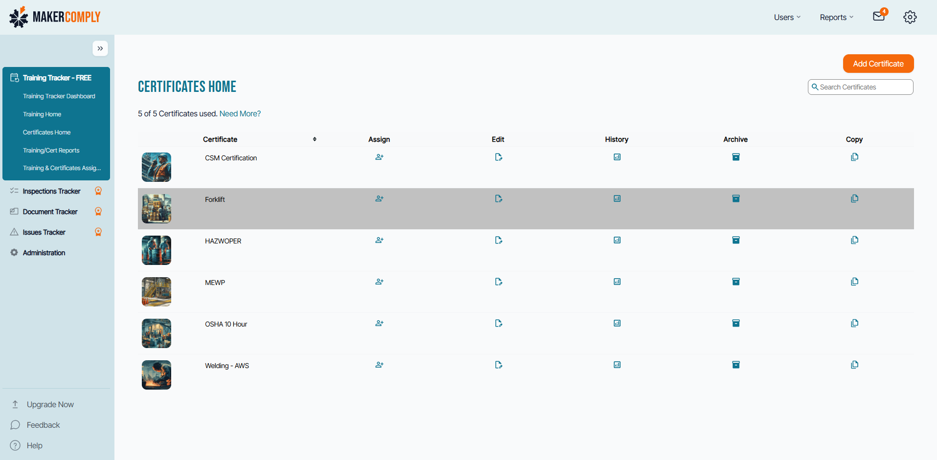 Certification management dashboard showing employee certifications status, current certificates, and form to add new certificate.