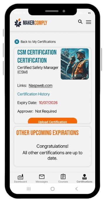 Mobile screen showing MAKERCOMPLY welding certificate for AWS Certified Welder issued by my.aws.org, expiring January 15, 2026, with a photo of a welder at work and an option to upload certification.