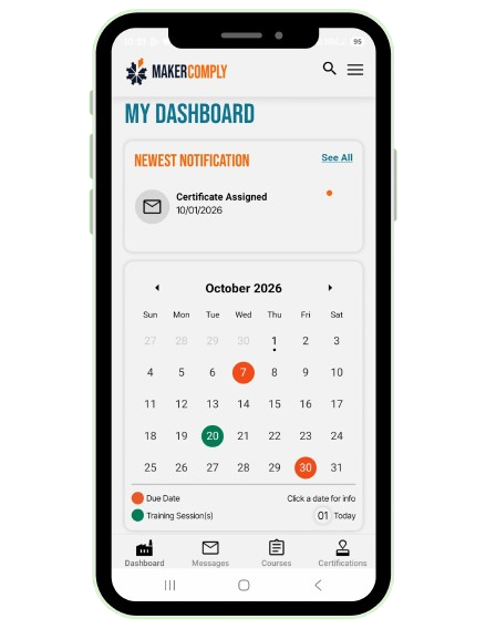 Worker dashboard showing overdue welding certificate notification, March 2026 calendar with marked training and due dates, certification and training status, and navigation icons for help, messages with 3 alerts, and profile.