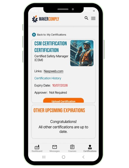 Welding certificate for AWS Certified Welder with PTO points, issue and expiry dates, upload option, and alert for upcoming Hazmat certification expiration.
