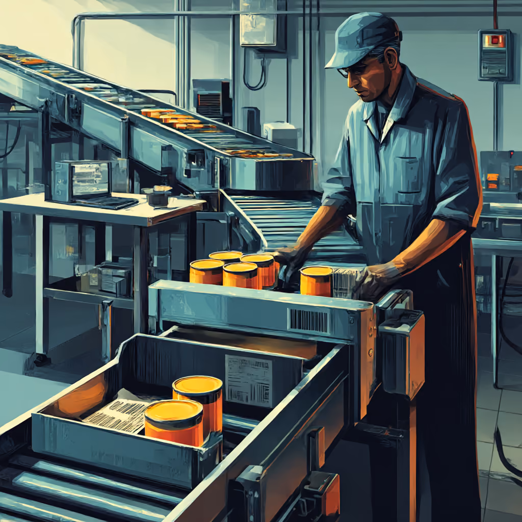 Two factory workers wearing blue uniforms, caps, and safety glasses reviewing a smartphone while standing at a workbench with machinery.