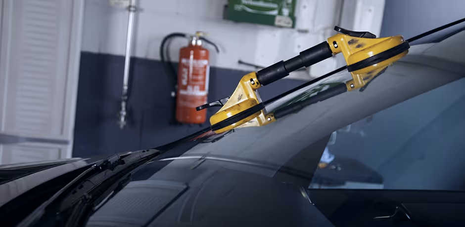 Yellow suction cup tool attached to a car windshield inside a garage with a fire extinguisher on the wall.