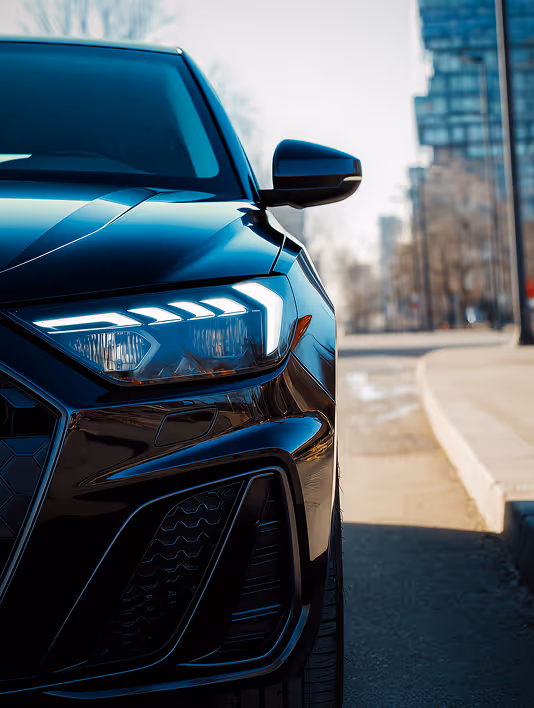 Close-up of the front left side of a black modern car parked on a city street.