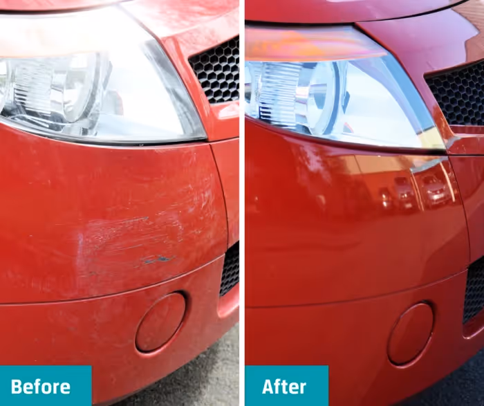 Side-by-side comparison of a red car bumper before and after cleaning and polishing, showing visible scratches on the left and a smooth, shiny surface on the right.