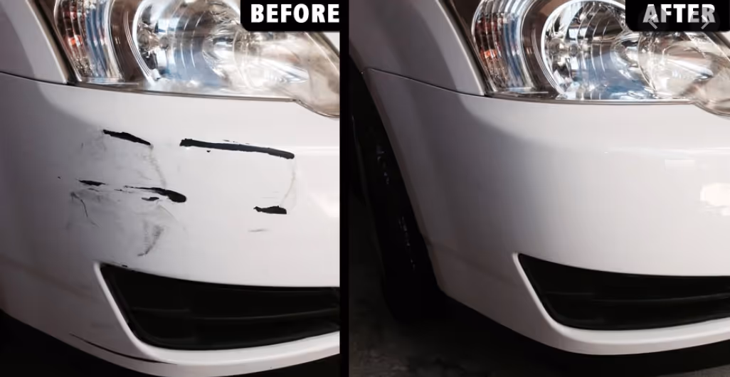 Side-by-side image showing a white car's front bumper before and after repair; before has visible black scratches and after is clean and scratch-free.