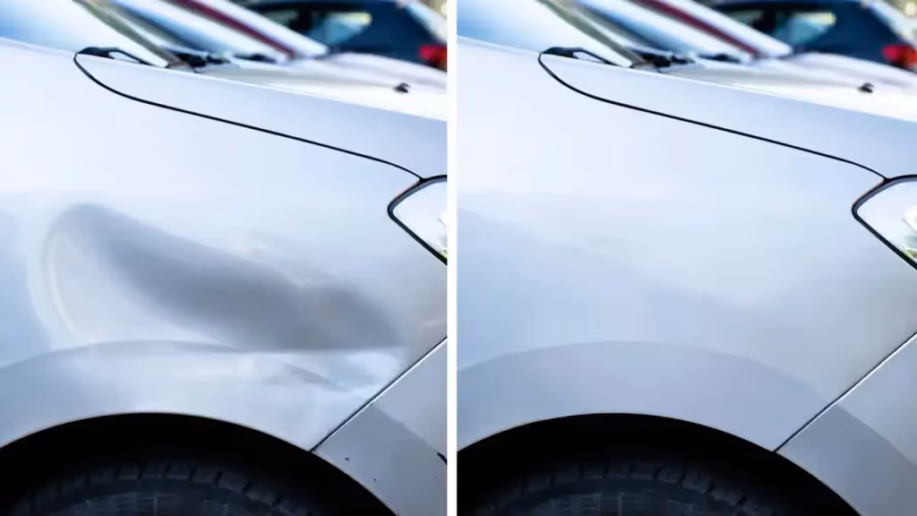 Side-by-side comparison of a silver car with a dented fender on the left and the same fender repaired and smooth on the right.