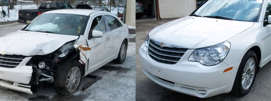 Side-by-side images of a white car with severe front-left damage and a similar white car in good condition.