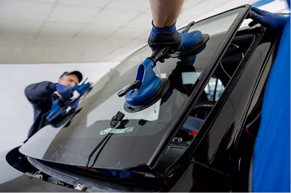 Technicians installing a windshield on a black car using suction cups in a workshop.