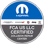 Mopar FCA US LLC Certified Collision Repair Center round badge with blue and white design.