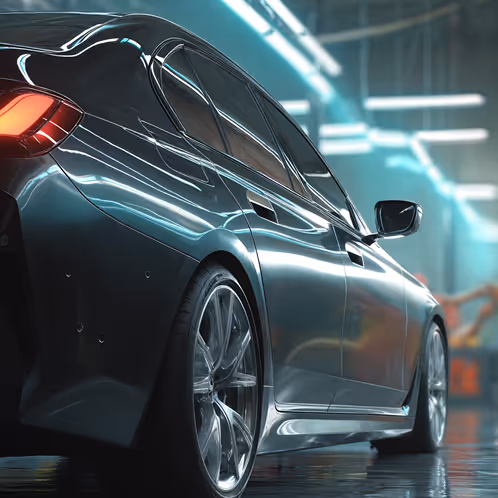 Sleek black luxury car with reflective surface parked indoors under bright blue and white industrial lighting.