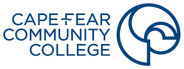 Logo of Cape Fear Community College featuring stylized blue text and an abstract circular emblem.