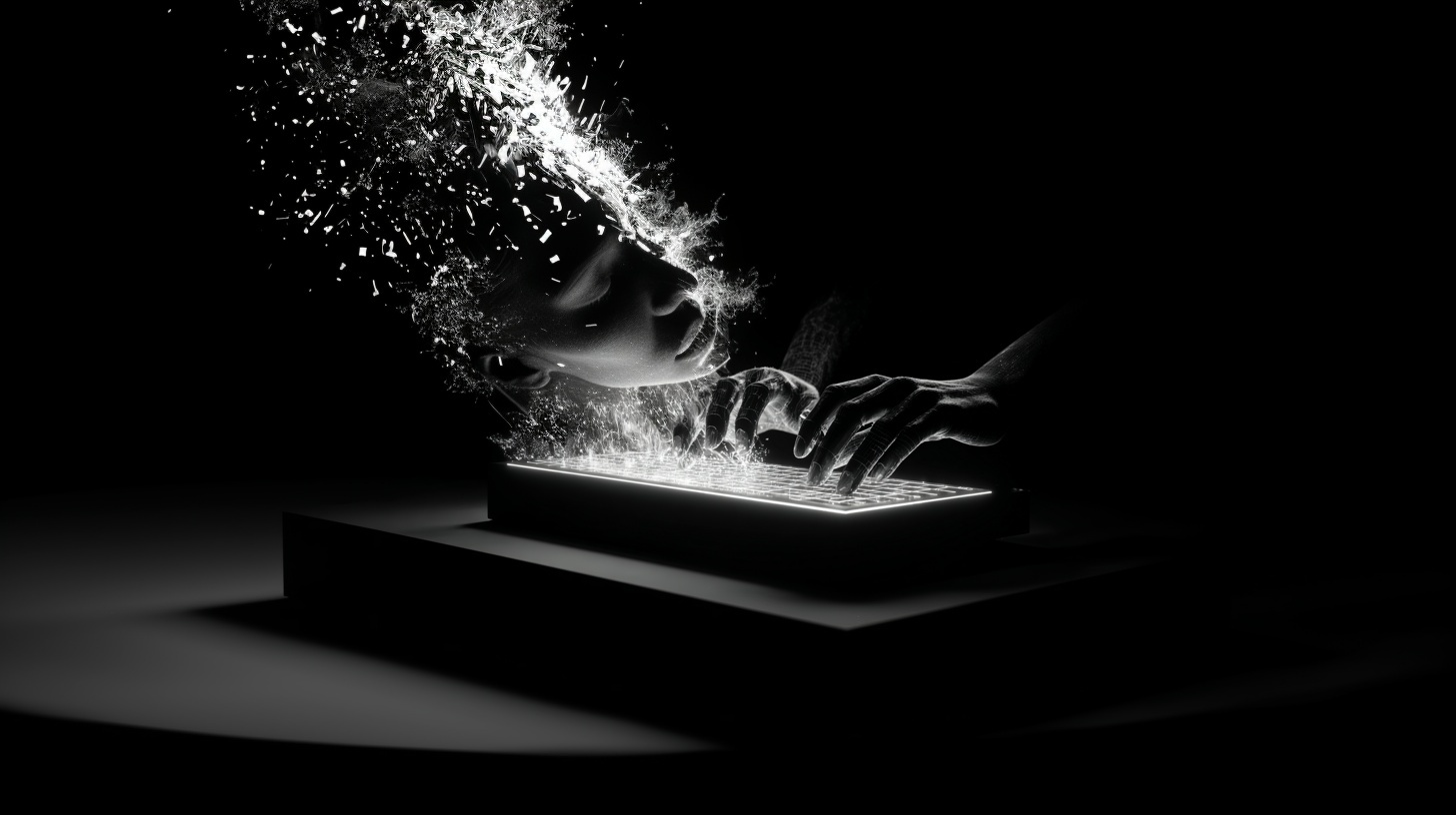Black and white image of human hands typing prompts on a keyboard as cinematic energy forms an AI robot face, representing human-led AI creativity at Prompt AI Creative