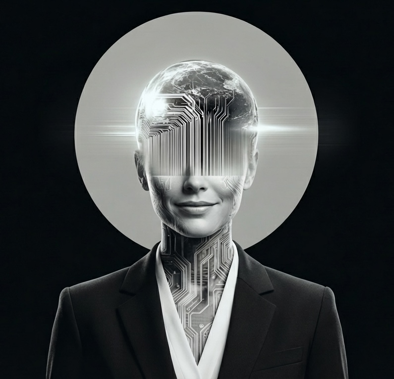 Black and white portrait of a professional woman with data lines and orbs replacing her eyes, representing AI-enhanced creative intelligence at Prompt AI Creative