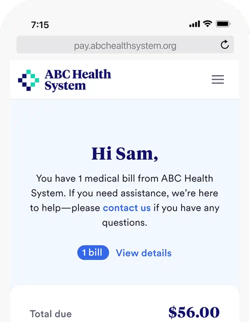 Mobile screen showing ABC Health System medical bill notification for Sam, with a balance due of $56.00 and a link to contact support.