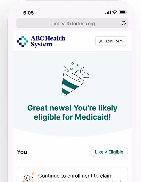Smartphone screen showing ABC Health System website with message: Great news! You’re likely eligible for Medicaid, and a party popper graphic above the text.